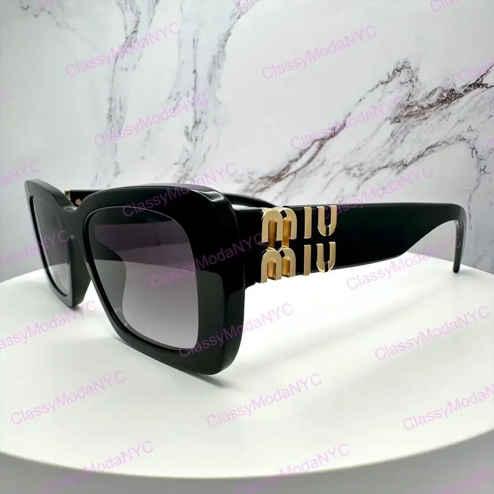 New MIU MIU Sunglasses Black Square Acetate Gold Metal Logo Italy Authentic